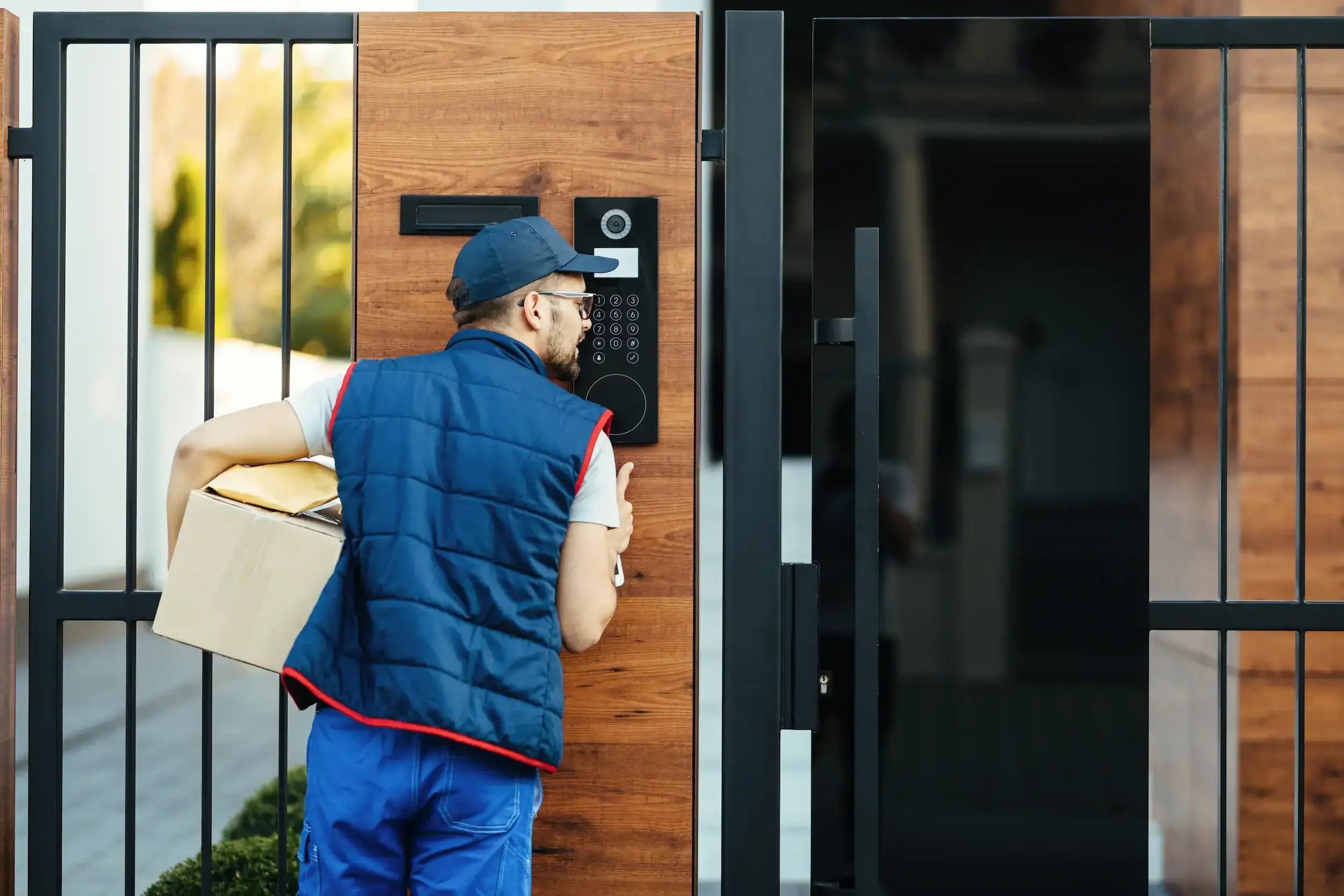 Delivery man using an apartment intercom system installed by Vertex Security
