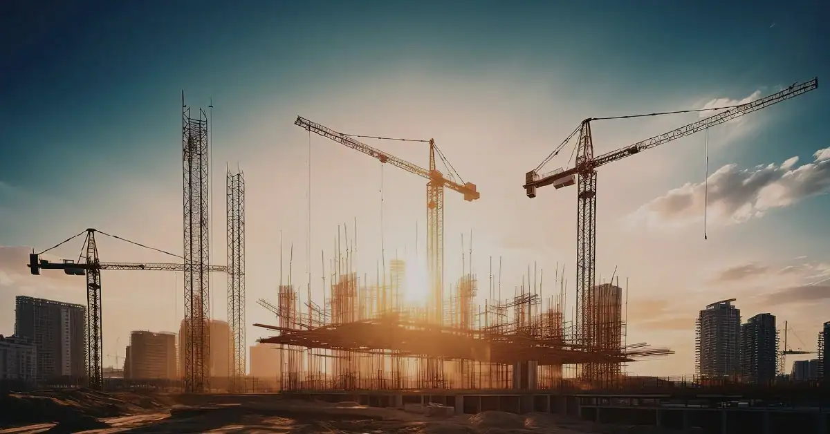 Sunset over construction site cranes